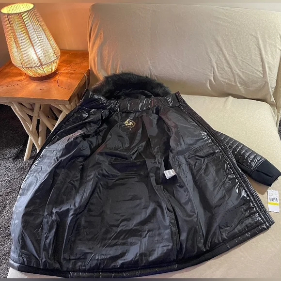 NWT Stunning Michael Kors Black MK Puffer Coat Plush Fur Designer Jacket S - 3X - Picture 9 of 14